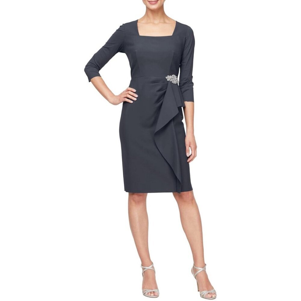 Alex Evenings Scuba Sheath Light Compression Dress 3/4 Sleeve Size 8 Charcoal